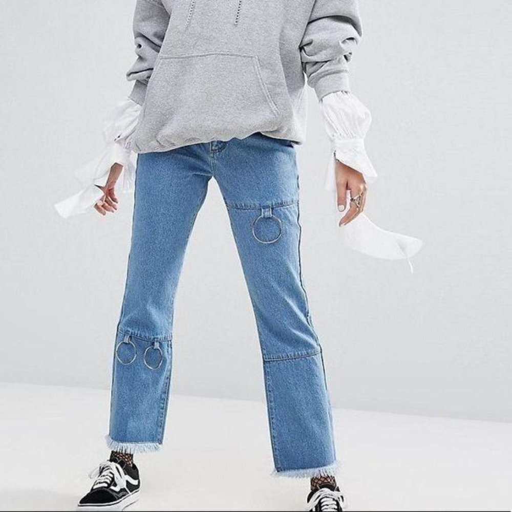 Mad‎ But Magic Kick Flare Jeans w/ Metal Rings Straight Leg High Rise Denim XS
